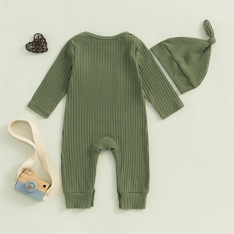 Pudcoco Infant Newborn Baby Boy Bodysuits Letter Embroidered Ribbed Long Sleeve Round Neck Fall Jumpsuits Hat Outfits 0-18M