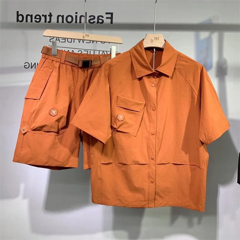 Summer Fashion Trend Solid Color American Cargo Short Sleeve Shorts Set Men's Casual Loose Large Size High-Quality Two-Piece Set