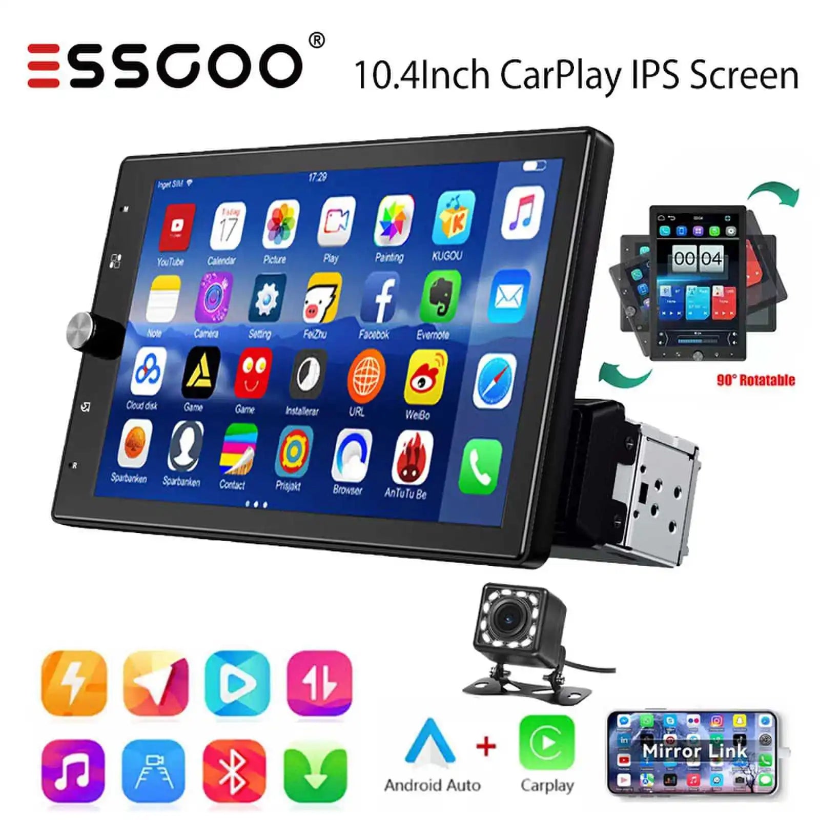 ESSGOO 10.4" Car Stereo Single DIN Wireless CarPlay Android Auto Rotatable Touch Screen Bluetooth GPS Nav Radio Player Head Unit