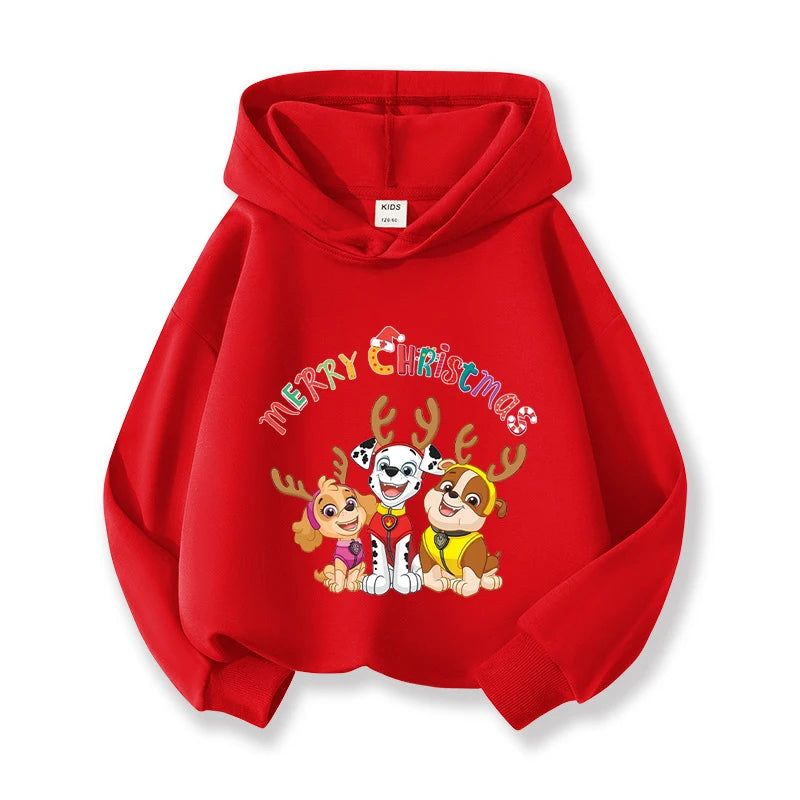 Paw Patrols Christmas Baby Hoodies Cute Anime Print Long Sleeved Child Red Top Pullover Casual Sweatshirt Kids Clothes Xmas Gift
