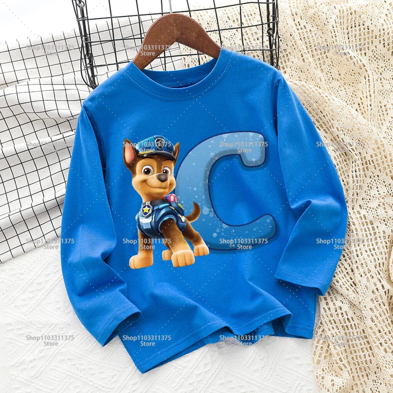 Cute PAW Patrol T-shirt Letter A-Z Print Top Long Sleeve Fashion Summer Boys Clothes Cartoon Kids Birthday Gift Outdoor Wear Tee