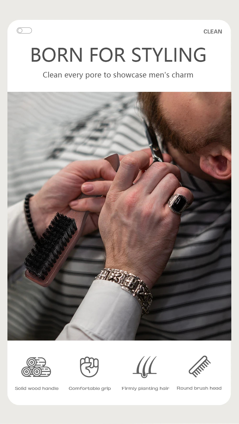 Barbertop Men Barbe Brosse Poignée boisée Brosse de nettoyage de cheveux doux Cheveux cassés