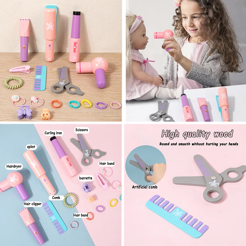 Kids Wooden Makeup Haircut Toy Beauty Fashion Salon Playset Games Combs Hair Dryer Pretend Play House Barber Makeup Kit Girl Toy
