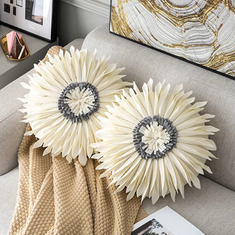 Modern Style Yellow White Throw Pillows Round  45*45 Velvet Stitching 3D Chrysanthemum Cushion Cover Waist Blue Cute Pillowcase