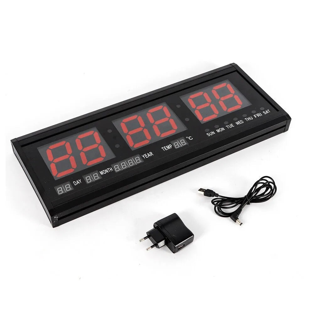 LED Digital Wall Clock 12/24h Time Date Temp Week Display Luminous Auto Wall-Mounted Clock Large Silent Tabletop Clock 48*19*3cm