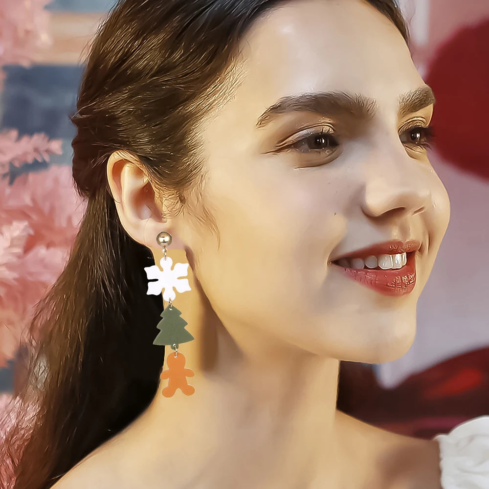 WELBACK 1 Set of 3 Pairs Women's Fashion Earrings Gingerbread Man Christmas Tree and Snowman Design Perfect Holiday Gift