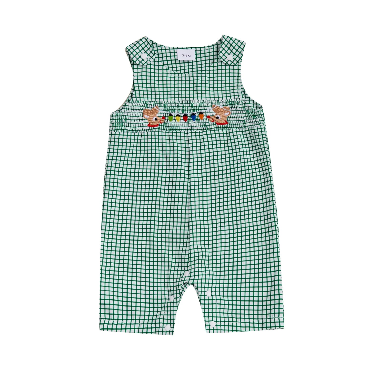 0-18M Infant Baby Girls Boys Christmas Romper Plaid Print Lamp String Embroidery Short Sleeve Doll Collar Bodysuit/Tank Jumpsuit