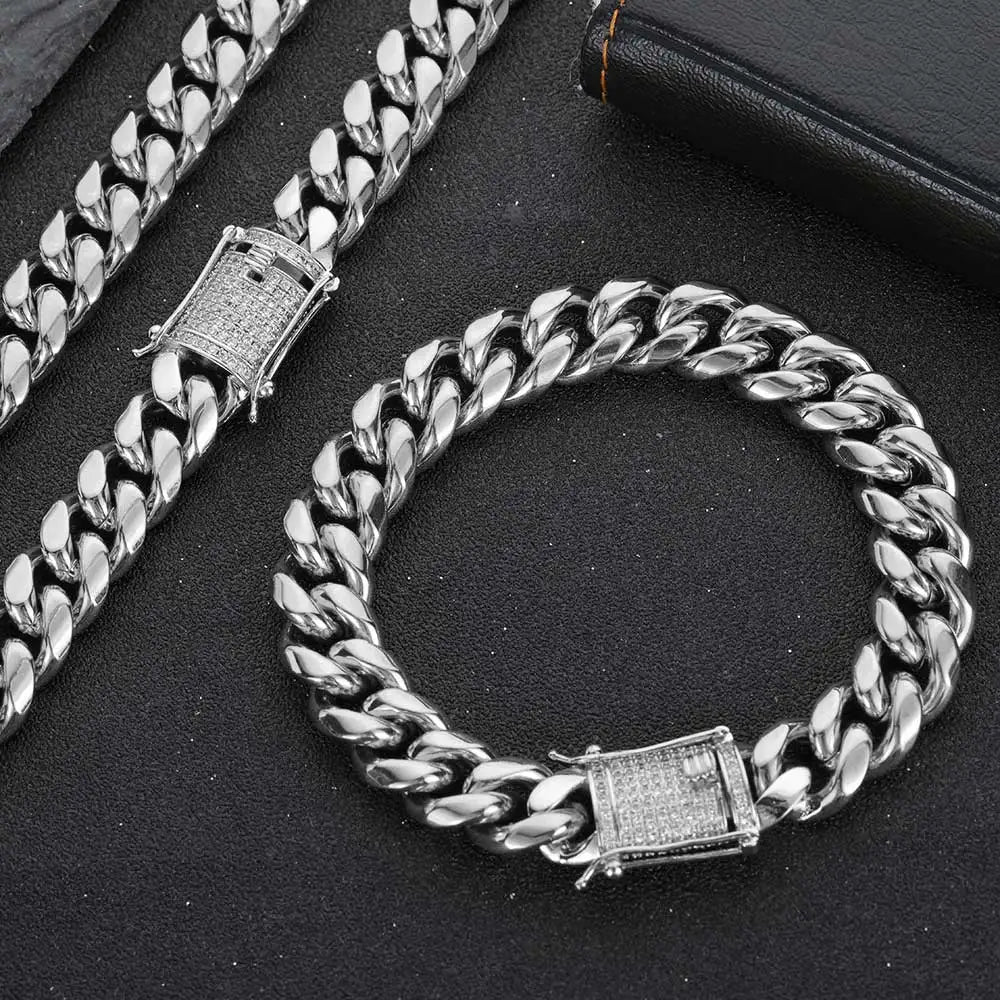 6-16mm Iced Clasp Cuban Link Chain Miami Stainless Steel Necklace Hip Hop Jewelry Gift for Men Women