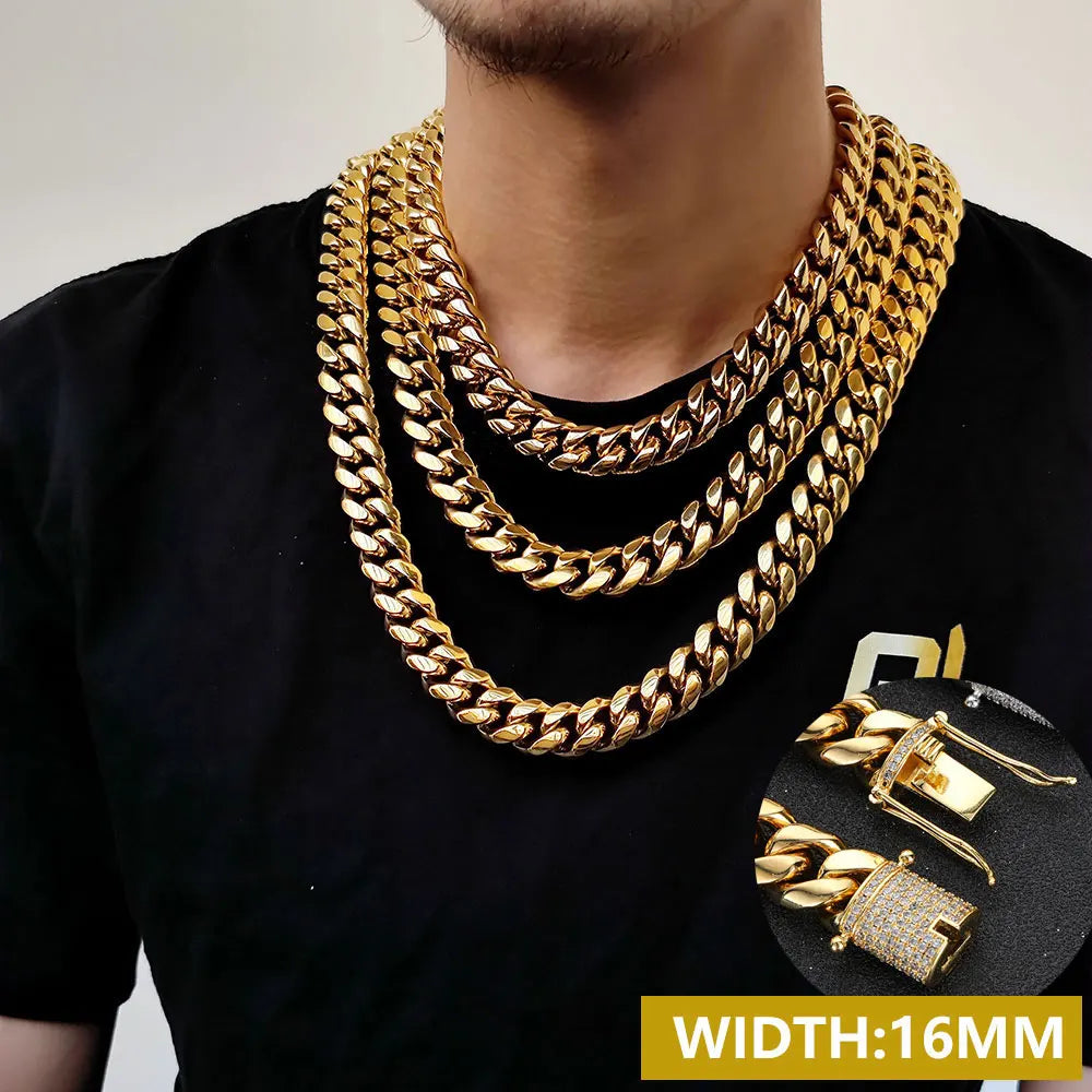 6-16mm Iced Clasp Cuban Link Chain Miami Stainless Steel Necklace Hip Hop Jewelry Gift for Men Women