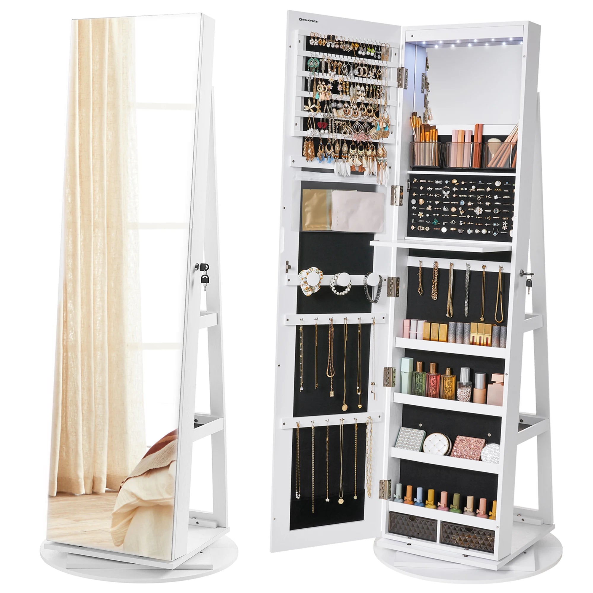 SONGMICS Armoire à bijoux miroir verrouillable à 6 LED, 360 °   Organisateur de bijoux pivotant, armoire à bijoux sur pied