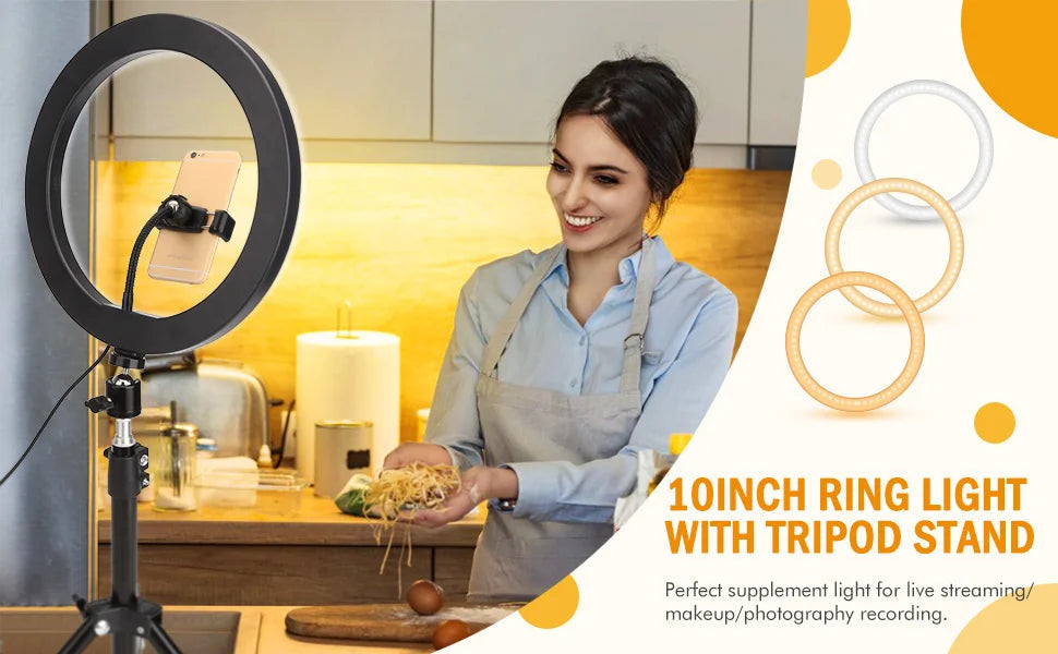 Video Youtube Fill Ring Light Lamp Live COOK 26CM Photography Lighting Phone Ringlight Tripod Stand Photo Led Selfie Remote