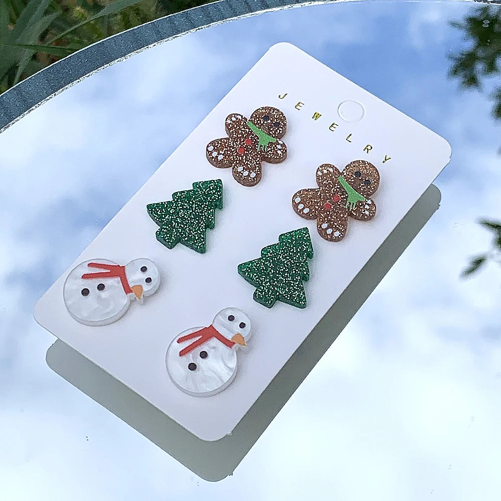 WELBACK 1 Set of 3 Pairs Women's Fashion Earrings Gingerbread Man Christmas Tree and Snowman Design Perfect Holiday Gift