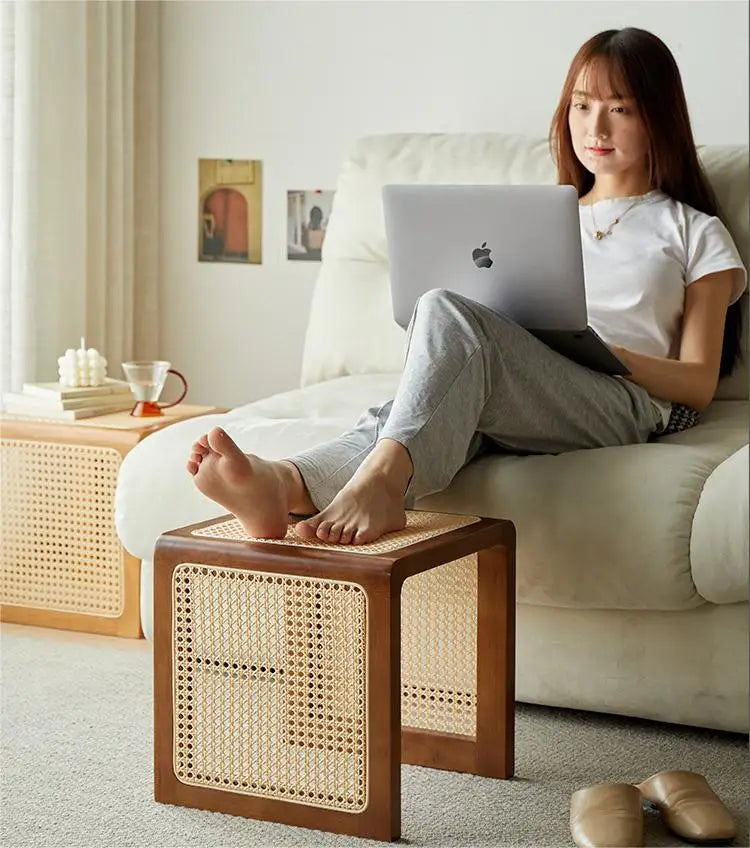 Table basse en rotin massif style Wine--sabi, meubles japonais, table d'appoint antique pour canapé, table carrée rétro pour balcon