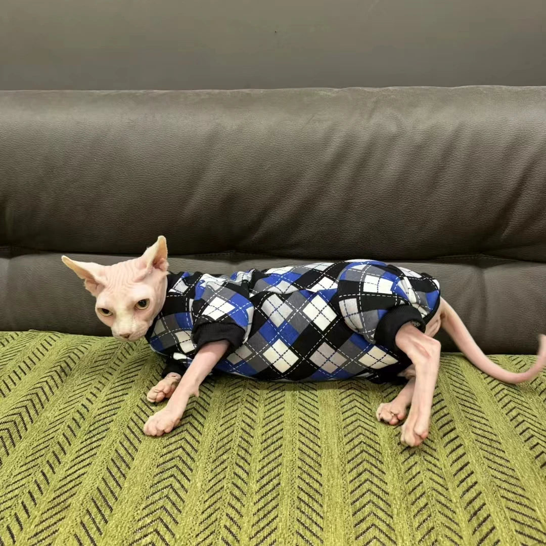 4-Legged Striped Cotton Coat for Sphynx Cat Blue Long Sleeves Jumpsuit for Kittens Devon Rex Soft Brick Red Winter Undershirt