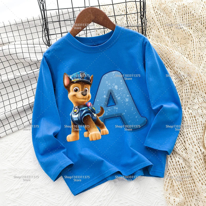 Cute PAW Patrol T-shirt Letter A-Z Print Top Long Sleeve Fashion Summer Boys Clothes Cartoon Kids Birthday Gift Outdoor Wear Tee