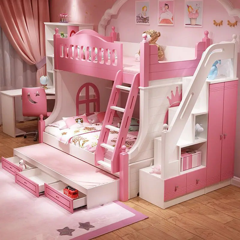 Bunk Bed Children Bunk Solid Wood Bedpost Two-story Bed Boys and Girls Multifunctional Mother-child Bed With Wardrobe