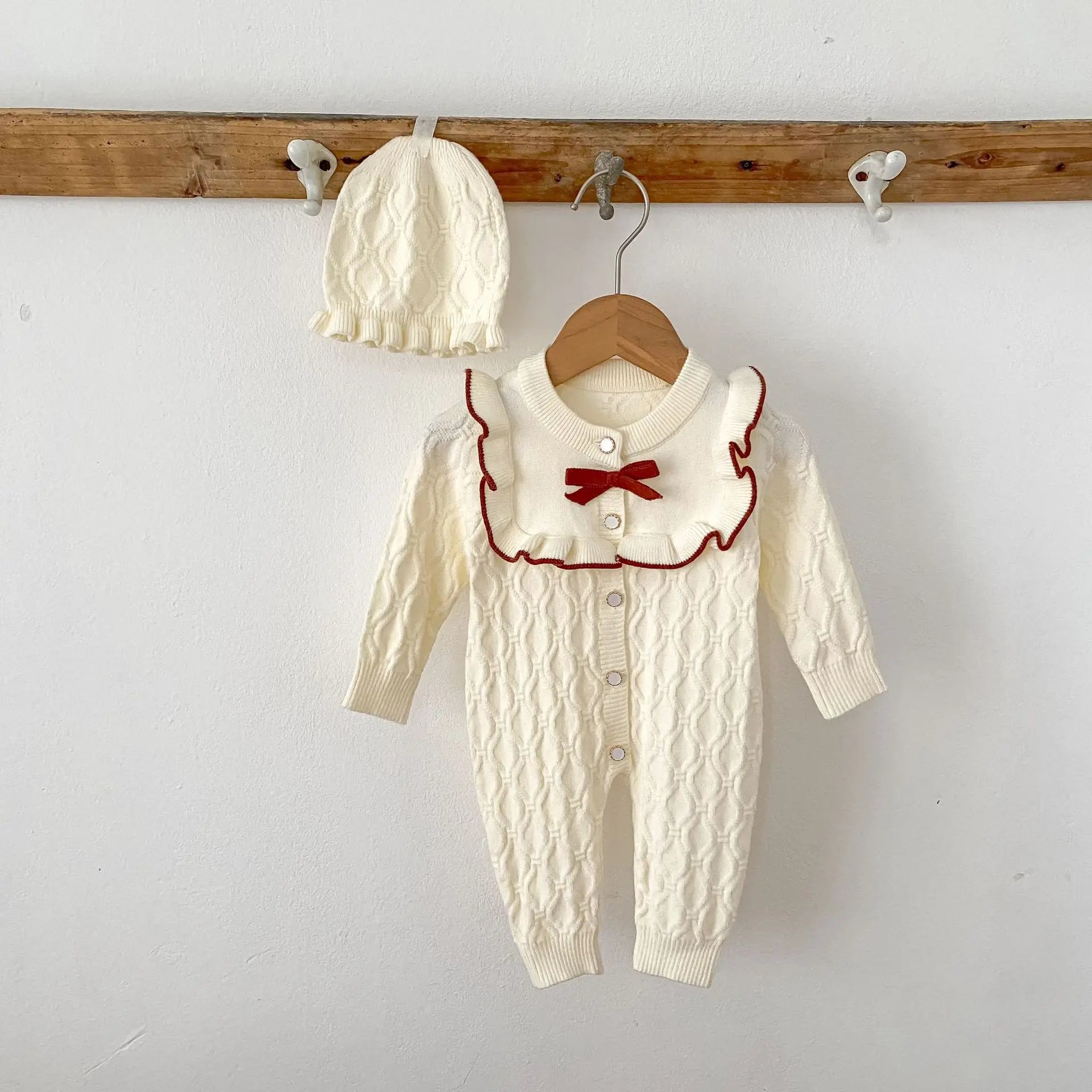 Christmas Baby Rompers Clothes Hat Autumn Winter Knitted Bow Newborn Girls Jumpsuits Fashion Solid Plain Toddler Kids Rompers