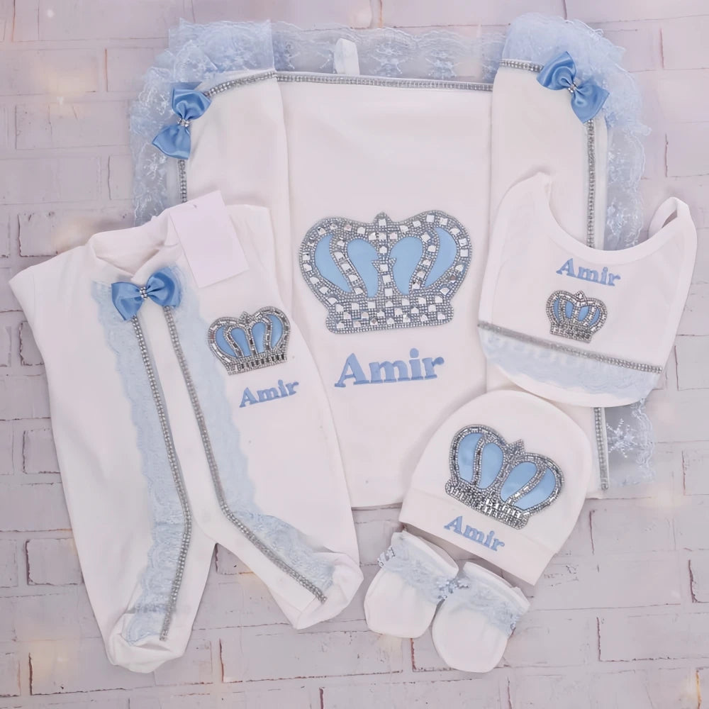 Customized Baby Name Newborn Pink Crown Jewels Gift Set 3pcs Outfits Pajamas Receiving Blanket Welcome Home Ceremonial dress