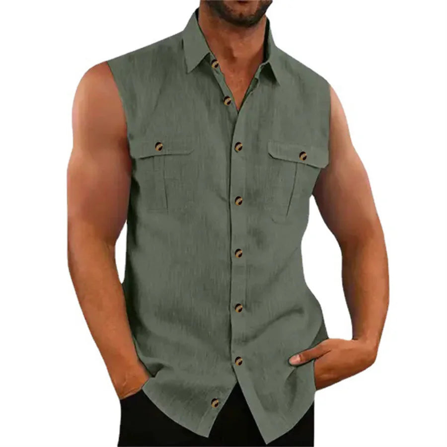2025 New Summer Men's Linen Tank Tops Casual Solid Color Turn Down Collar Sleeveless Shirts Pockets Fashion Streetwear Vest