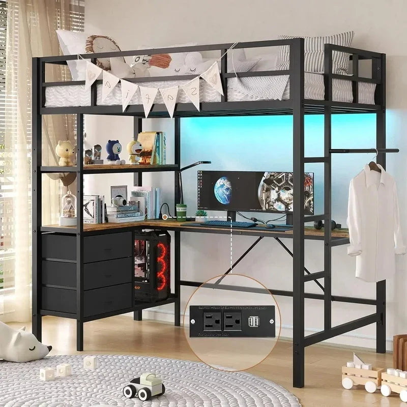 Lit mezzanine avec bureau en forme de L, lumières LED, station de recharge, étagères de rangement et tiroirs en tissu, ensemble de chambre à coucher, meubles de lits superposés