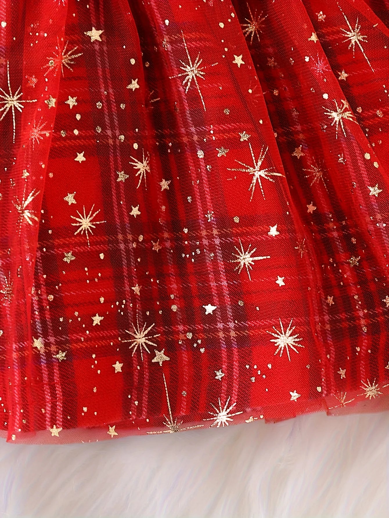 Toddler Baby Girls Christmas Dress Long Sleeve Reindeer Applique Plaid Tulle Skirt Faux Two-Piece Holiday Outfit Red