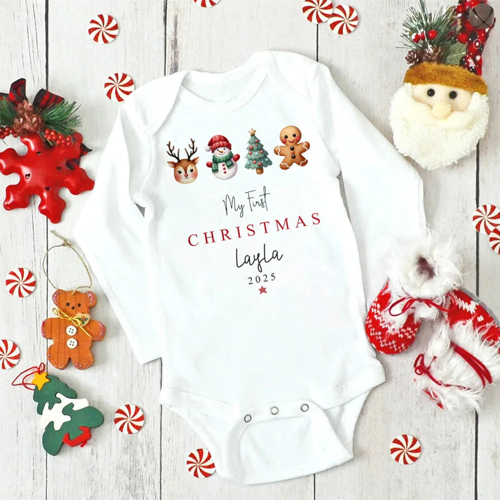 Personalised First Christmas Baby Outfit Newborn Baby Girls Boy Long Sleeve Cartoon Winter Romper My First Xmas Jumpsuit Outfit