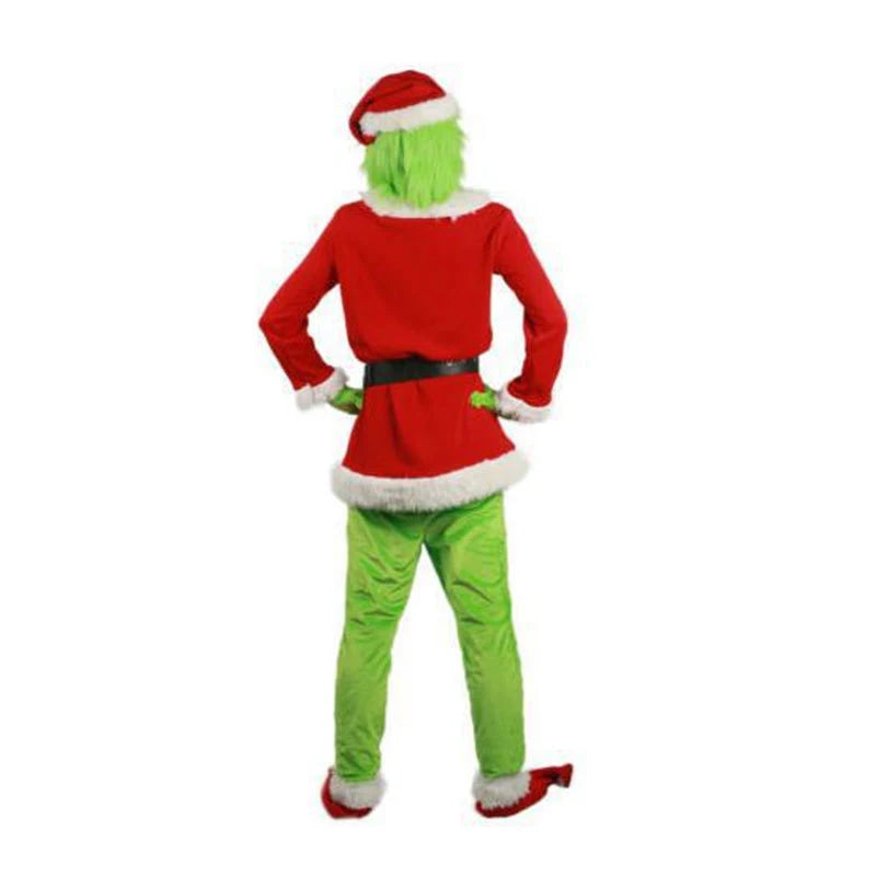 Grinch Christmas Costume for Adults Green Fleece Santa Suit with Red White Trim Festive Holiday Party Outfit Cosplay Full Set