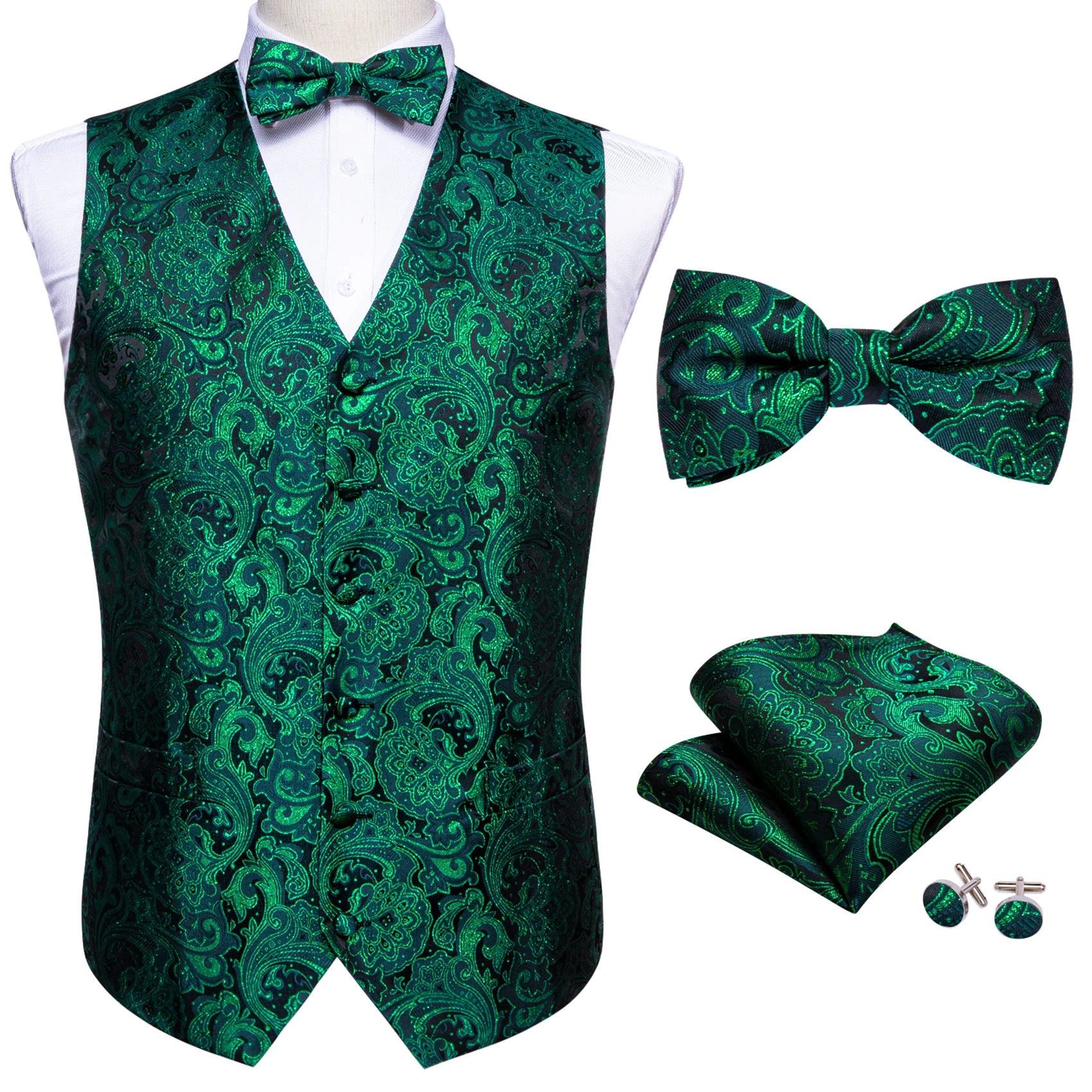Elegant Vest for Men Silk Green Paisley Plaid Flower Slim Fit Male Suit Embroidered Waistcoat Dress Formal Jacket Barry Wang