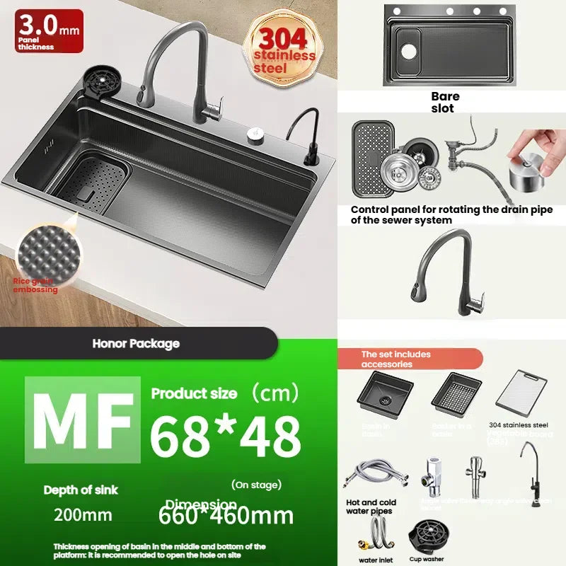 Stainless Steel Gray Kitchen Sink Multifunctional Stain and Scratch Resistant Large Single Slot Household Wash Cuisine Basin