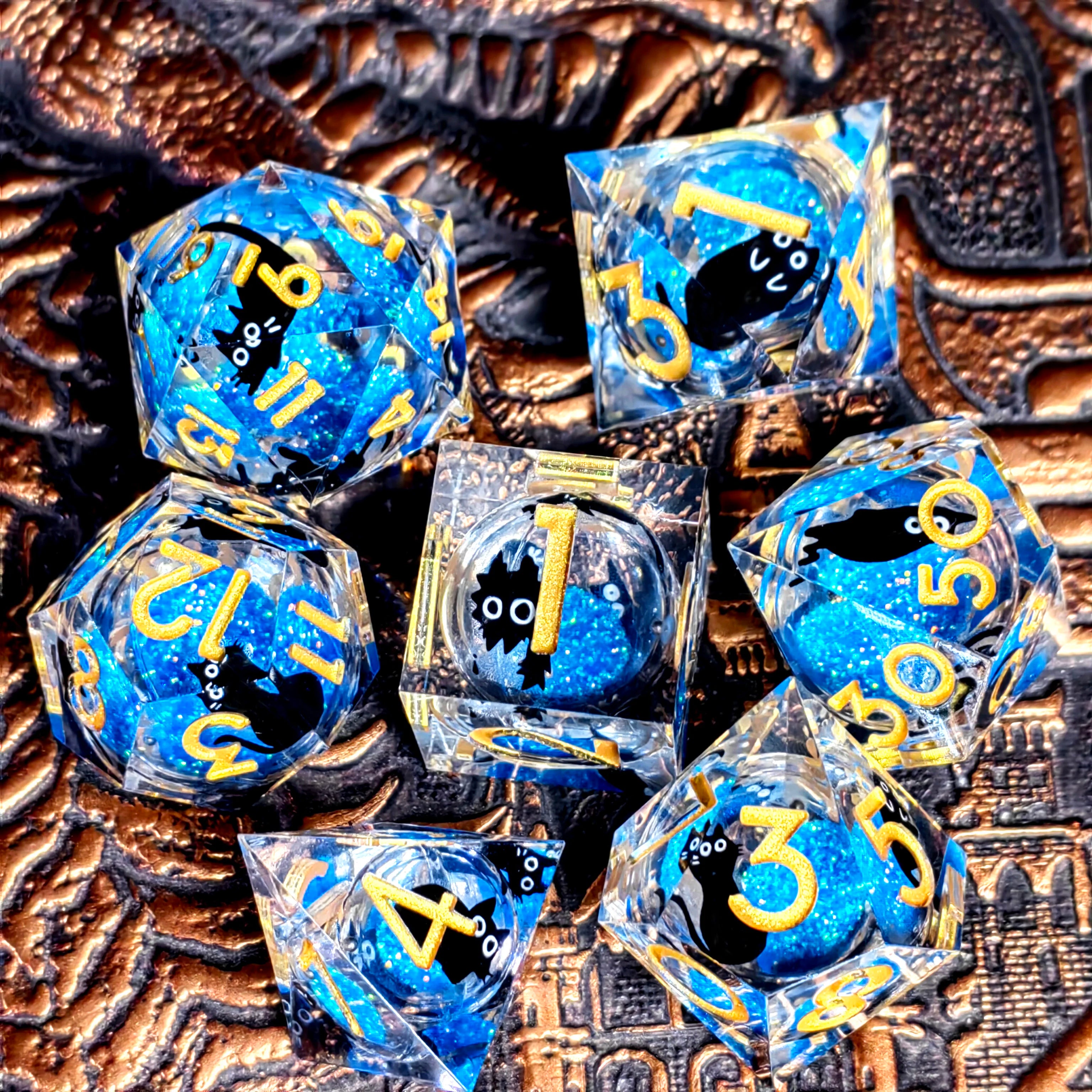 "DnD Dice Set - 7 Piece Resin Polyhedral Dice with Cute Cat Design, Transparent RPG Dice for Dungeons & Dragons, Tabletop Games"