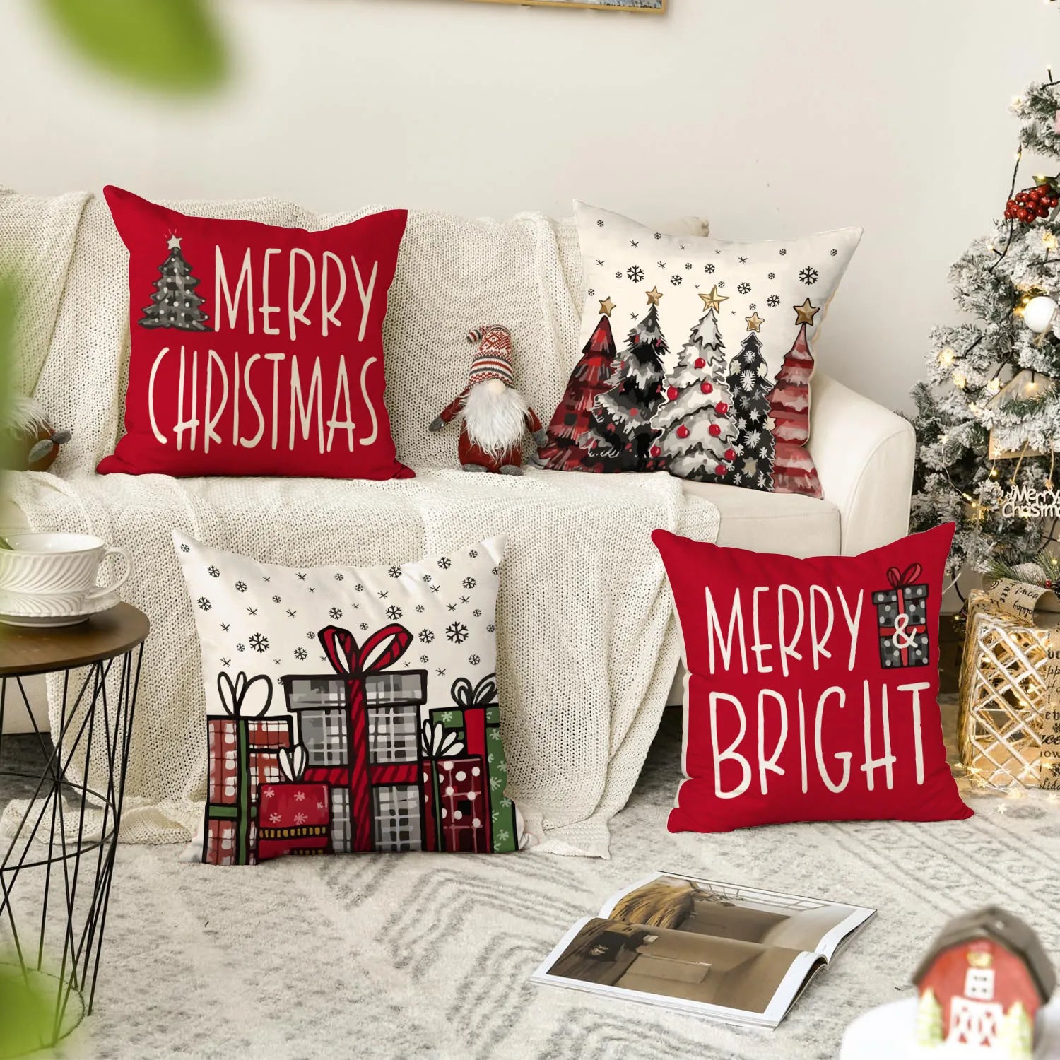 1pc/4pcs Christmas Pillow Cover, Black and Red Buffalo Plaid Celebration Christmas Tree Snowflake Decoration Sofa Cushion Cover
