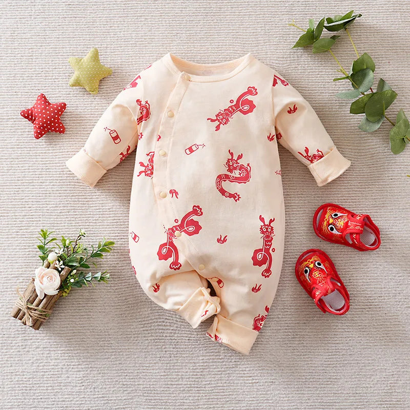 Chinese Style Baby Jumpsuit With New Year's Dragon Clothing For Babies Aged 0-18 Months Made Of Pure Cotton And Long Sleeved