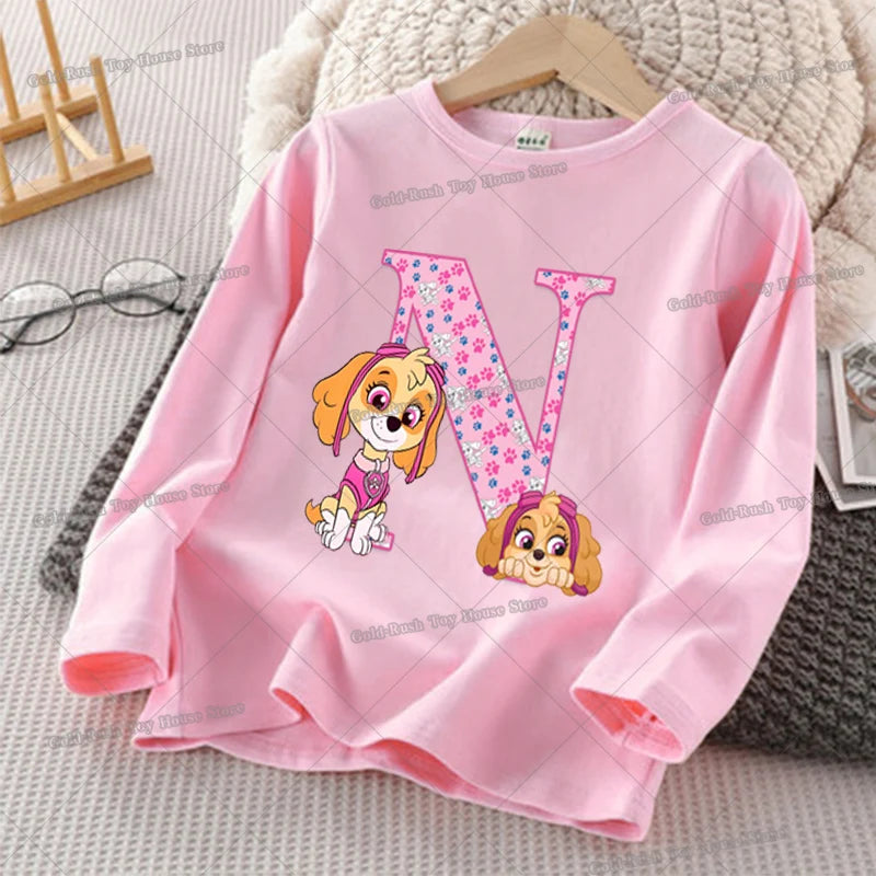 Paw Patrols Skye Letter A-Z T-shirt for Girl Long Sleeve Cotton Tops Cute Cartoon Print Children Tee Autumn Casual Kids Clothes