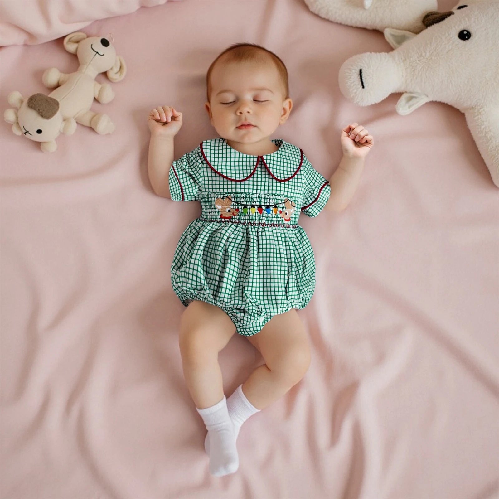 0-18M Infant Baby Girls Boys Christmas Romper Plaid Print Lamp String Embroidery Short Sleeve Doll Collar Bodysuit/Tank Jumpsuit
