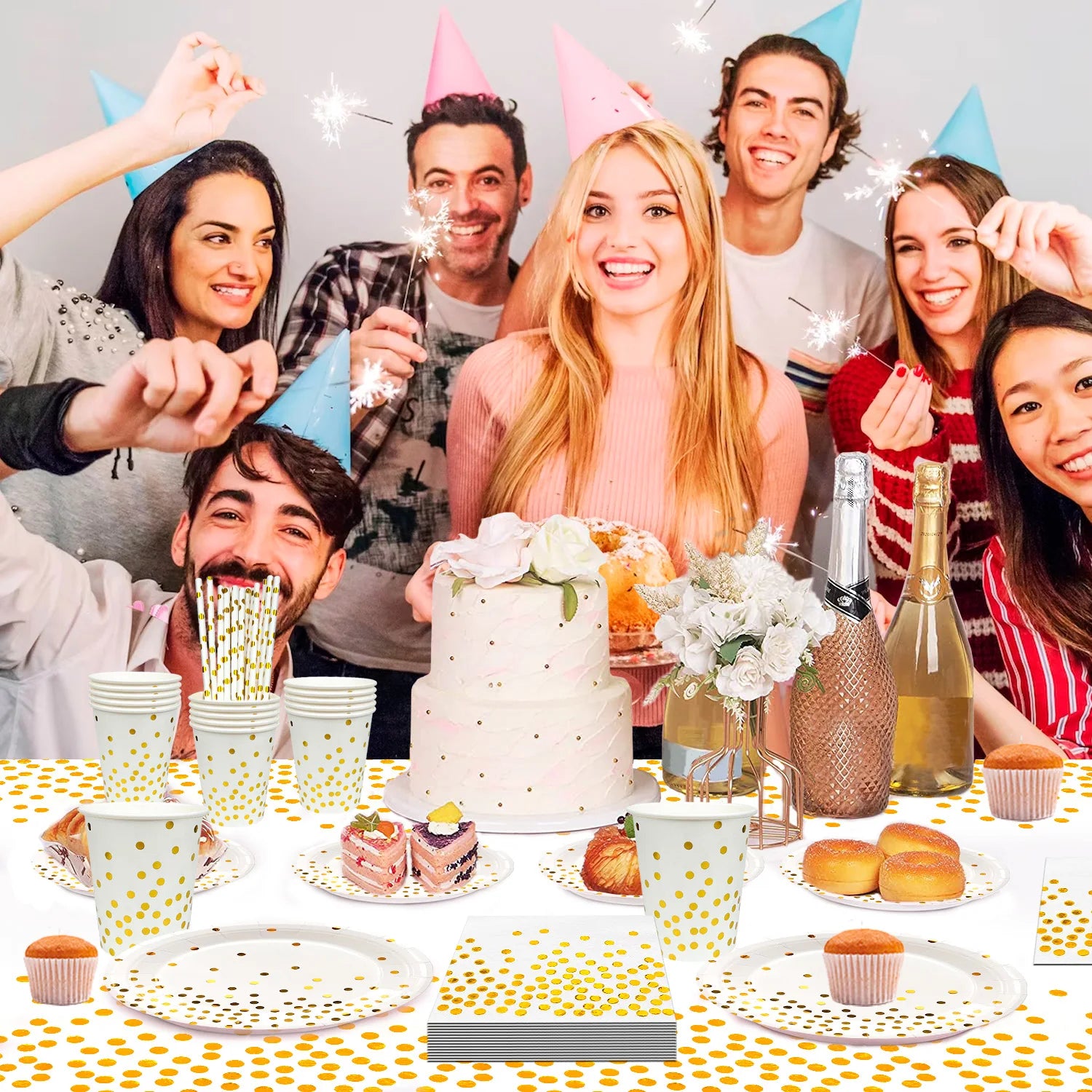 White And Gold Party Supplies 121pcs Golden Dot Disposable Party Dinnerware Set - White and Gold Party Paper Plates Cups Napkins