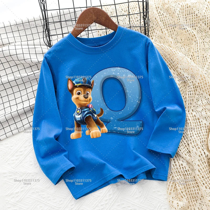 Cute PAW Patrol T-shirt Letter A-Z Print Top Long Sleeve Fashion Summer Boys Clothes Cartoon Kids Birthday Gift Outdoor Wear Tee