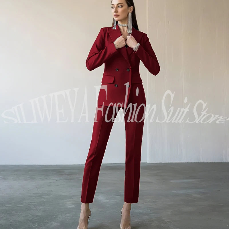 Fashion Chic Burgundy Red Purple Women Suit Double Breasted 2 Piece Jacket Pants Blazer Set Slim Fit Office Lady Female Clothing