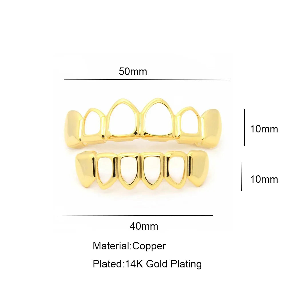RACHELZ Hip Hop Gold Plated Teeth Grillz Fashion Top Bottom Hollow Tooth Cap Dental Grills For Men Women Jewelry Party Gift