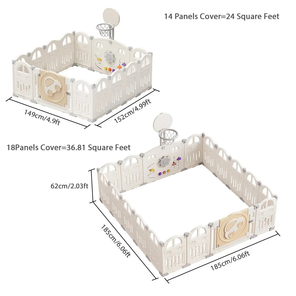 UBRAVOO Foldable Baby Playpen with Basketball Hoop & 50Pcs Coloured Pit Balls,  Toddler and Baby Play pen  fence, 14-Panel