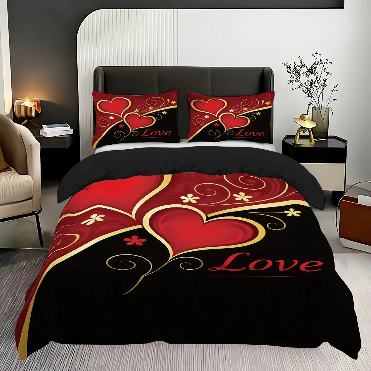 3pcs (1 duvet cover, 2 pillowcases, coreless), black and red Valentine's Day heart, Love design printed pattern bedding set