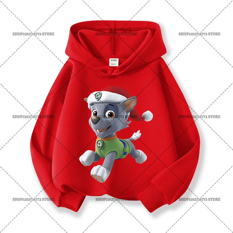 Paw Patrols Christmas Baby Hoodies Cute Anime Print Long Sleeved Child Red Top Pullover Casual Sweatshirt Kids Clothes Xmas Gift