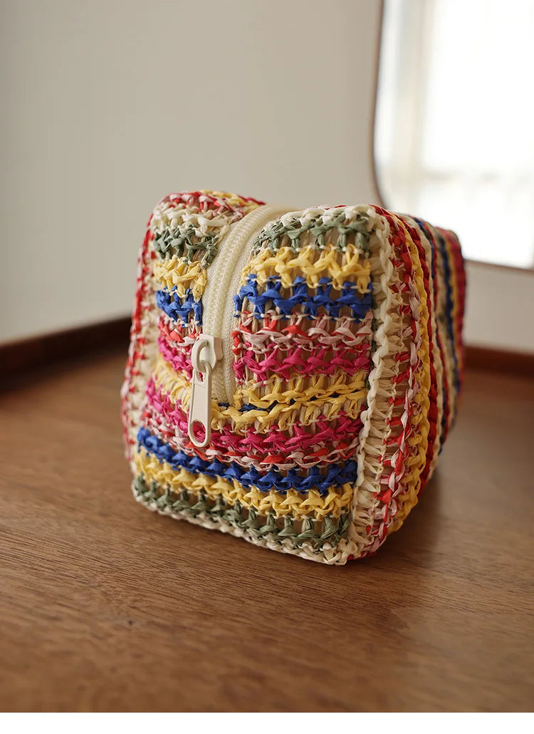 Colorful Knitted Cosmetic Bag Travel-Friendly Handbag Toiletry Pouch Women's Cosmetics & Skincare Organizer On-the-Go Bag-in-Bag