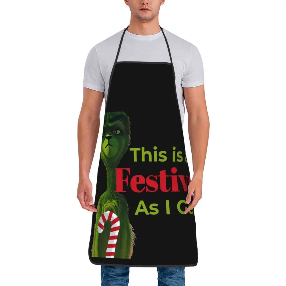 Christmas Grinch - This Is As Festive As I Get Apron Chef Cooking Cuisine Tablier Waterproof Bib Kitchen Cleaning Pinafore