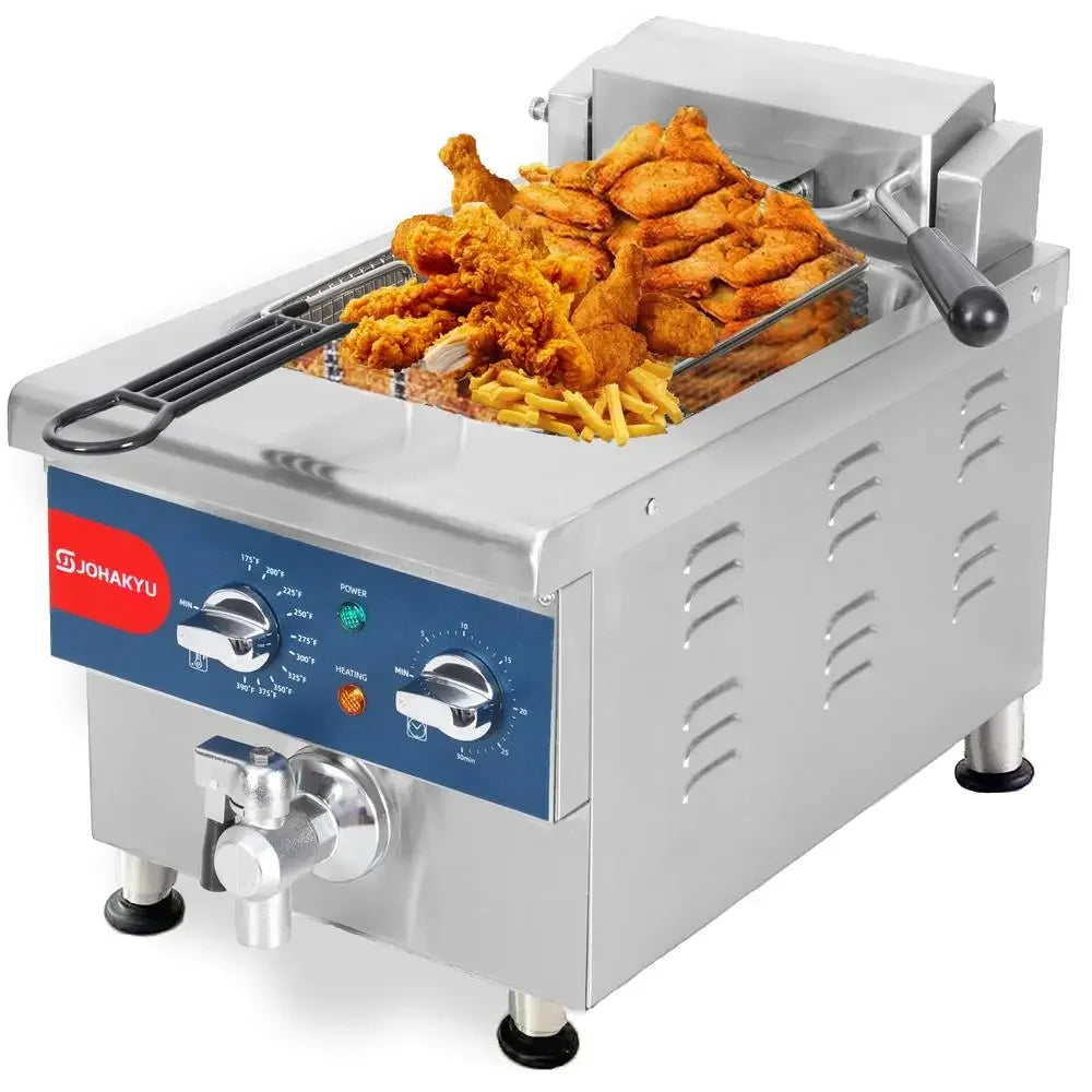 13Lbs Electric Commercial Deep Fryer Timer Drain Stainless Steel 6L Countertop Fryer Adjustable Temperature Oil Recycling