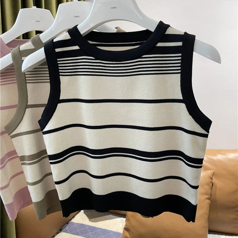 New Fashion Blocking Korean Style Crop Tops Knitted Striped Vest Women's Sleeveless Round Neck Versatile Tank Tops Ladies Basic