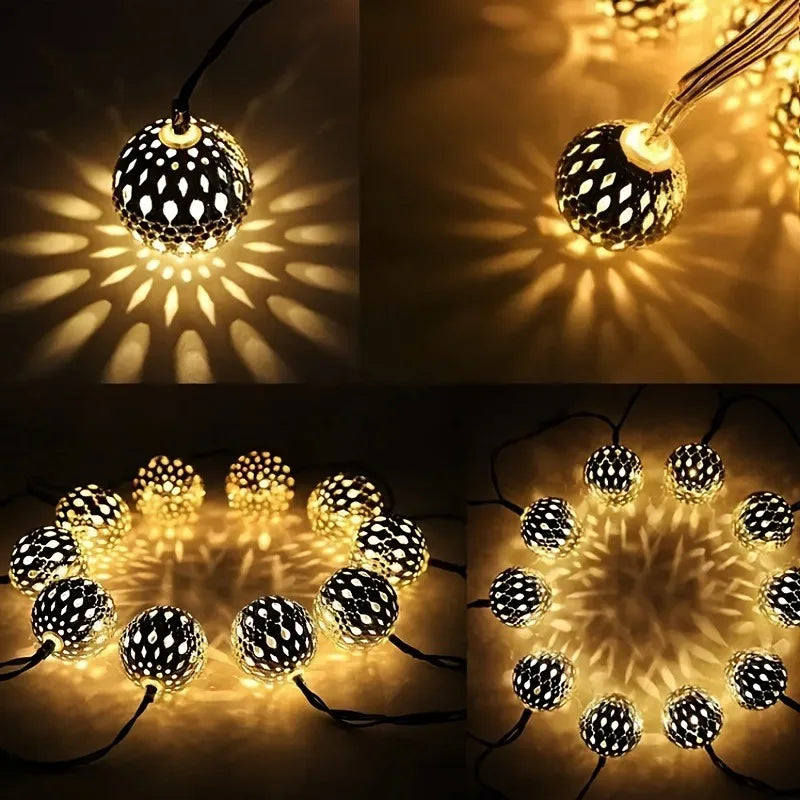 Solar Moroccan String Lights Metal Spherical Outdoor Fairy Lights for Christmas, Thanksgiving, New Year, Valentine's Day