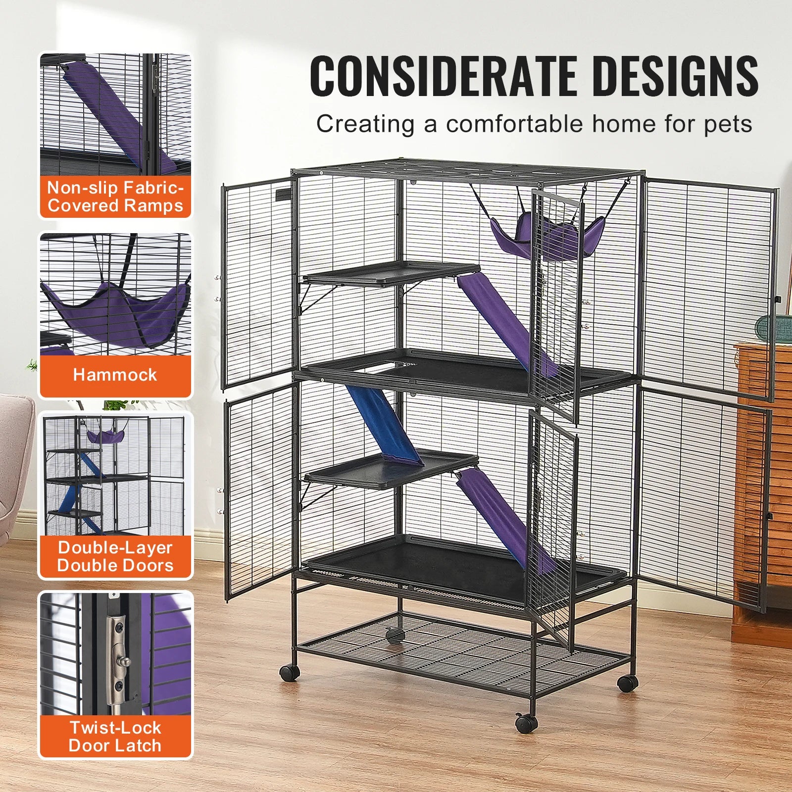 SucceBuy 64.6" Rolling Metal Ferret Cage Large 4-Tier Critter Nation Cage Small Animal Cage for Rats Hamster Guinea Chinchilla