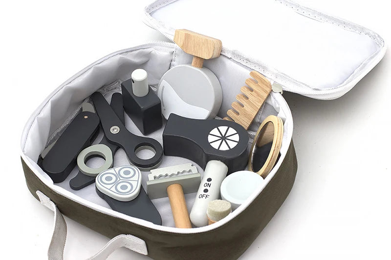 Kids Wooden Makeup Haircut Toy Beauty Fashion Salon Playset Games Combs Hair Dryer Pretend Play House Barber Makeup Kit Girl Toy