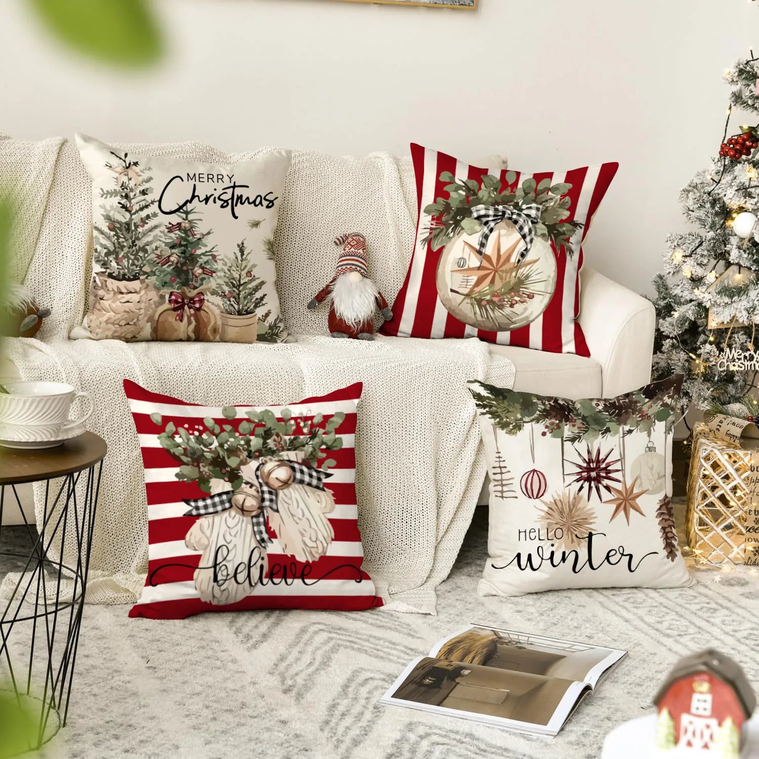 1pc/4pcs Christmas Pillow Cover, Black and Red Buffalo Plaid Celebration Christmas Tree Snowflake Decoration Sofa Cushion Cover