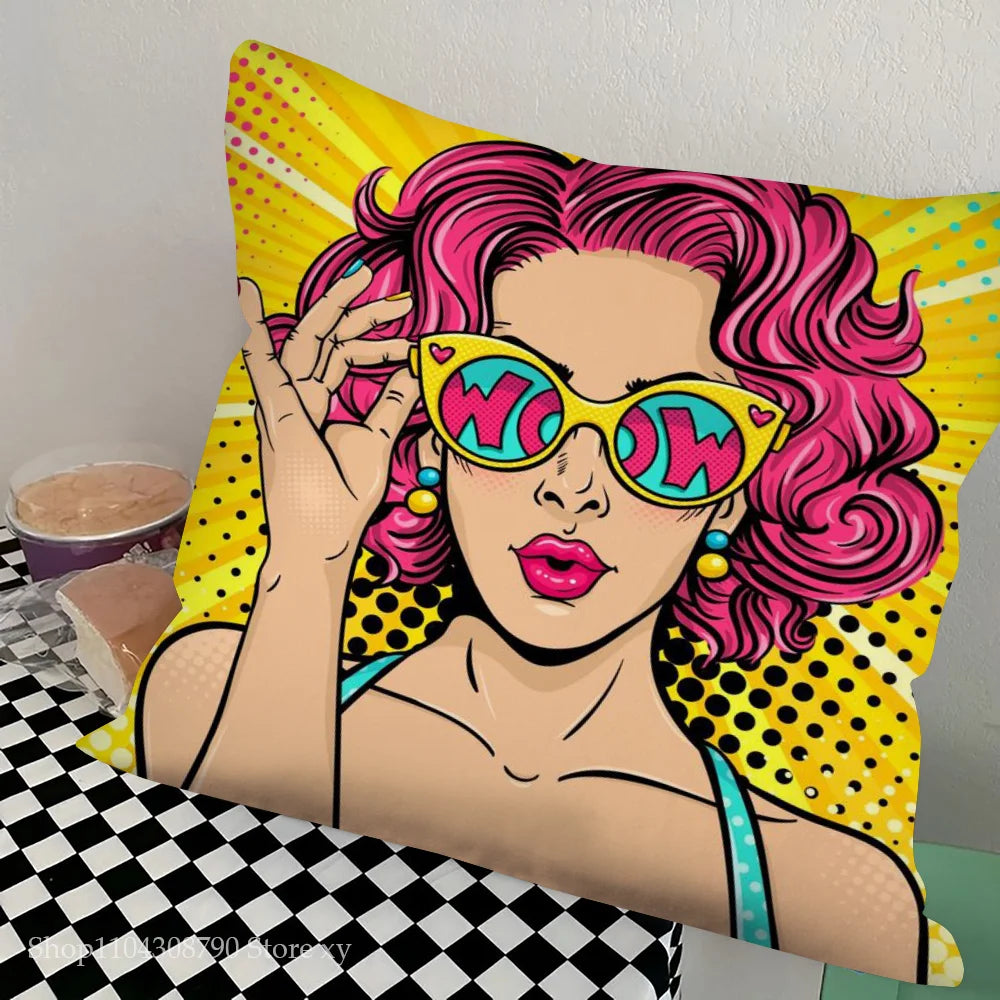 1pc Colorful Pop Art Canvas Comic Woman Pillow Case Square Bedroom Sofa Leisure Comfort Cushion Car Living Room Home Decoration